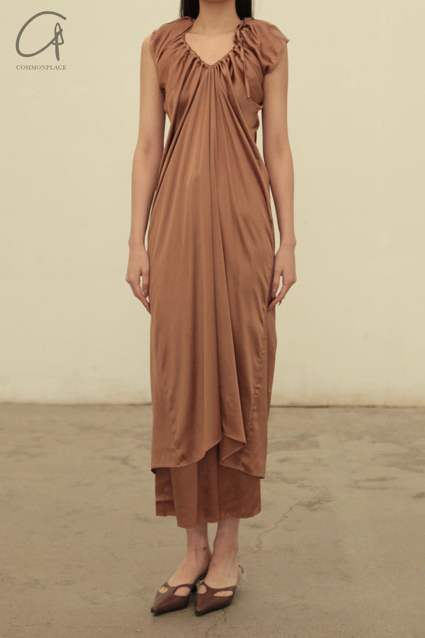 BASERANGE 24 Autumn/Winter Satin Dress Portugal BAS-DRMAX-SS-WI24-ZONG Emerald Brown